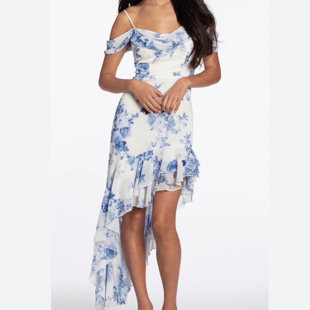 City Triangles Cowl Neck Cold Shoulder Asymmetrical Hem Dress Women's Sm Blue